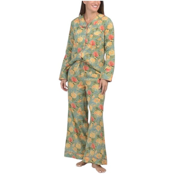 DENISE RAE Cotton Floral Pajama Top And Pants Set - Picture 1 of 3